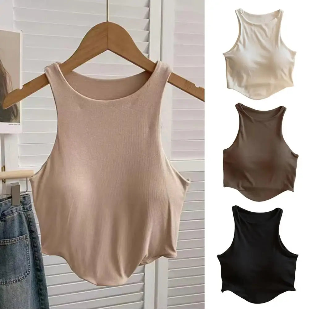 Summer Women Tank Tops Camisole  With Padded Bra Solid Color Sexy Off Shoulder O Neck Elastic Sport Vest  Push Up Base Shirt