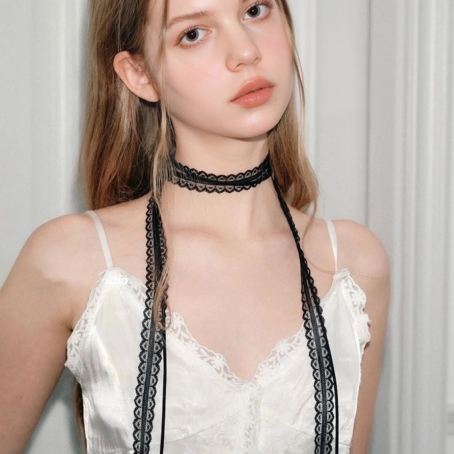 Black White Lace Necklace Versatile Long Ribbon Layered Clavicle Chain Choker for Woman Girls Wear Neck y2k Decoration Jewelry