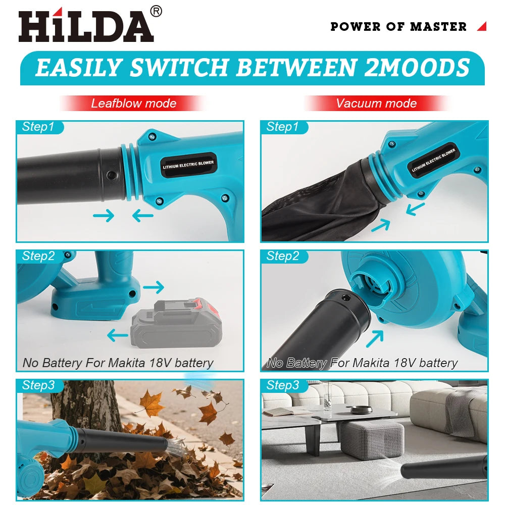 HILDA Cordless Electric Blower Blue Turbo 2-in-1 Blowing And Suction Machine Handheld Leaf Vacuum Cleaner For Makita 18V Battery