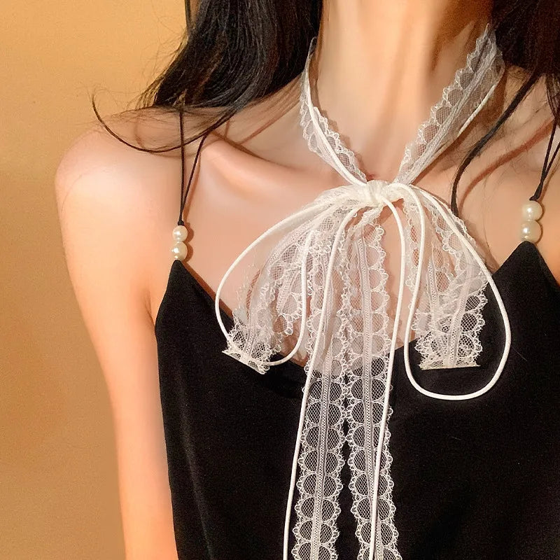 Black White Lace Necklace Versatile Long Ribbon Layered Clavicle Chain Choker for Woman Girls Wear Neck y2k Decoration Jewelry