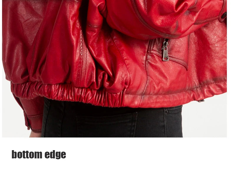 Oil Wax Sheepskin Coats for Women Winter 2024 Green/Blue/Red/Black Fahion Loose Slim Motorcycle Zipper Short Leather Jacket