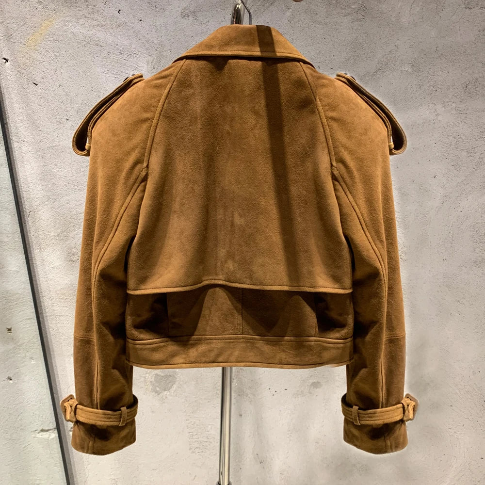 Suede Leather Jackets Women Winter Genuine Sheep Leather Coat Broad Shoulder and Paddad 23012