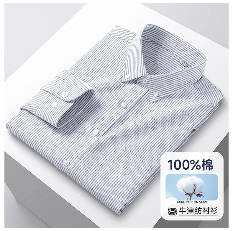 100% Cotton Men's Oxford Shirts Spring Autumn Long Sleeve Basic Casual Solid Striped Button Down Social Business Formal Plus 5XL