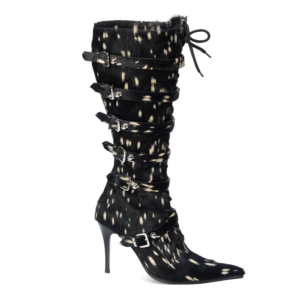 Horsehair Metal Rivet Buckle Betl Long Boots Thick Heel Sexy Pointed Toe Zipper New Arrivals Fashion Women Modern Boots