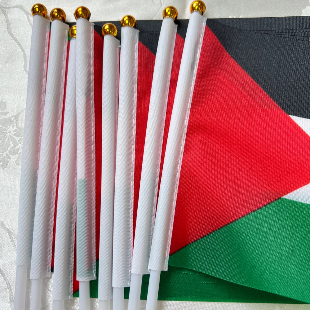 Palestine Flag 14x21cm Portable Hand Waving Palestinian Banner Polyester Fade-Resistance Plastic Flagpole for Events