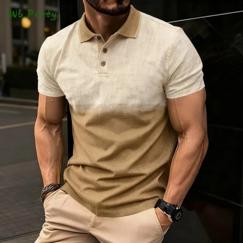 Summer men's polo men's casual short-sleeved polo shirt with striped color block design, sporty polo style collar polo shirt for