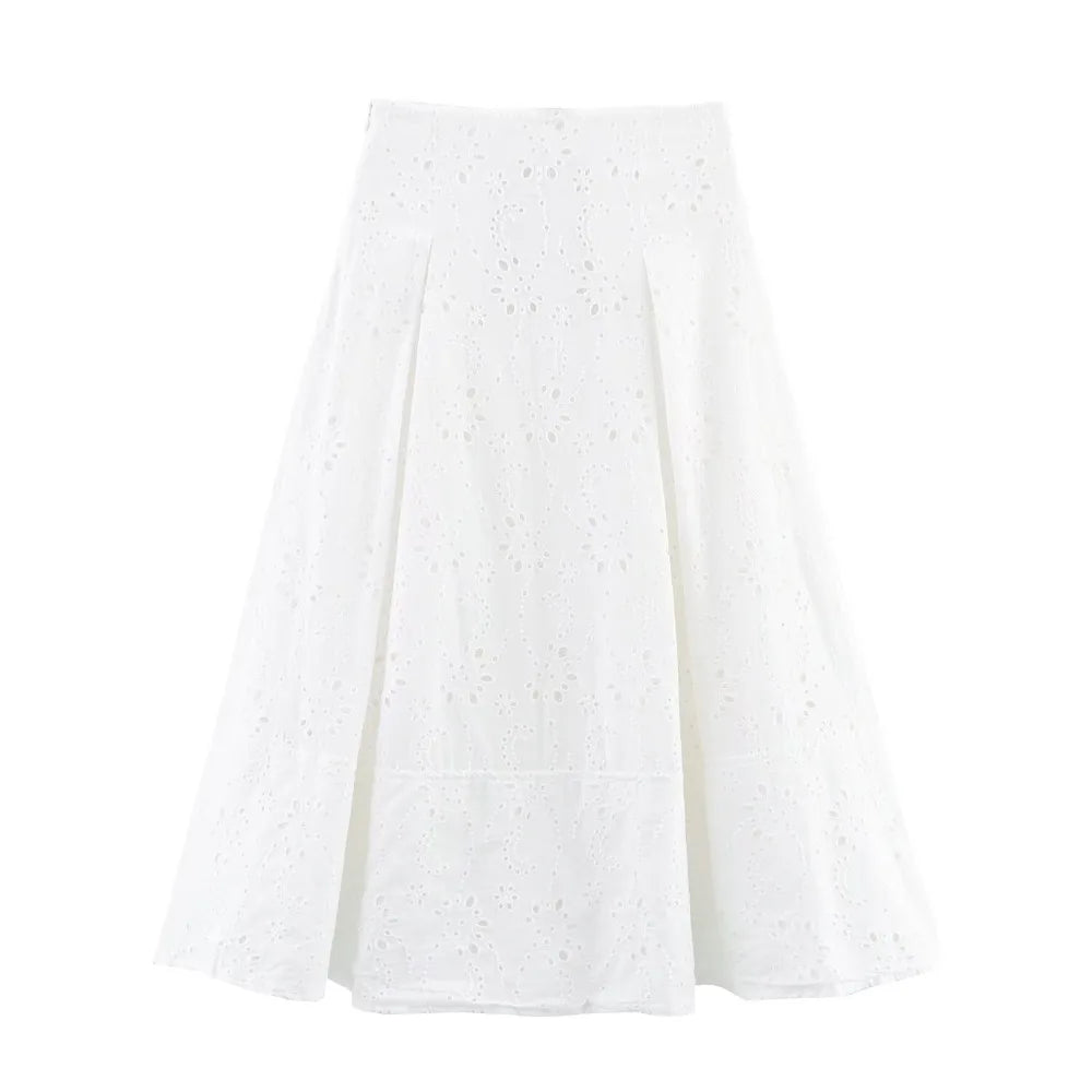 Women Summer Vacation Co Ord Outfits Elegant White Embroidered 2 Piece Set Cropped Top with Thin Straps Matching Cape Midi Skirt