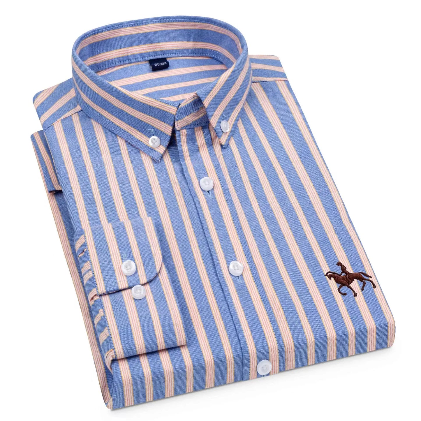 S-6XL Casual Pure Cotton Oxford Mens Shirts Long Sleeve Embroidery Horse Design Regular Fit Fashion Button Man White Dress Shirt