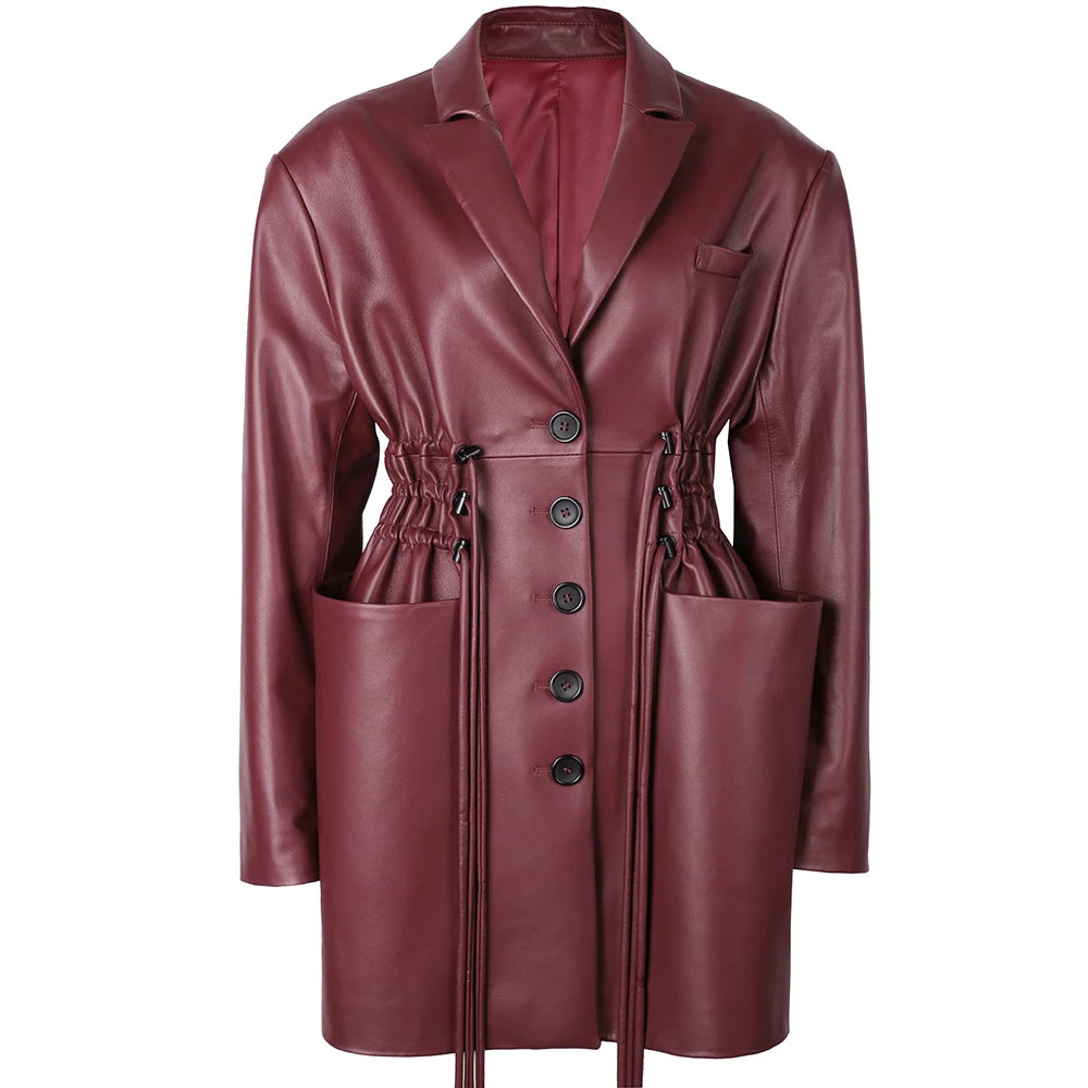 YOLOAgain Women's Leather Jacket Genuine Sheepskin Coat Single Breasted
