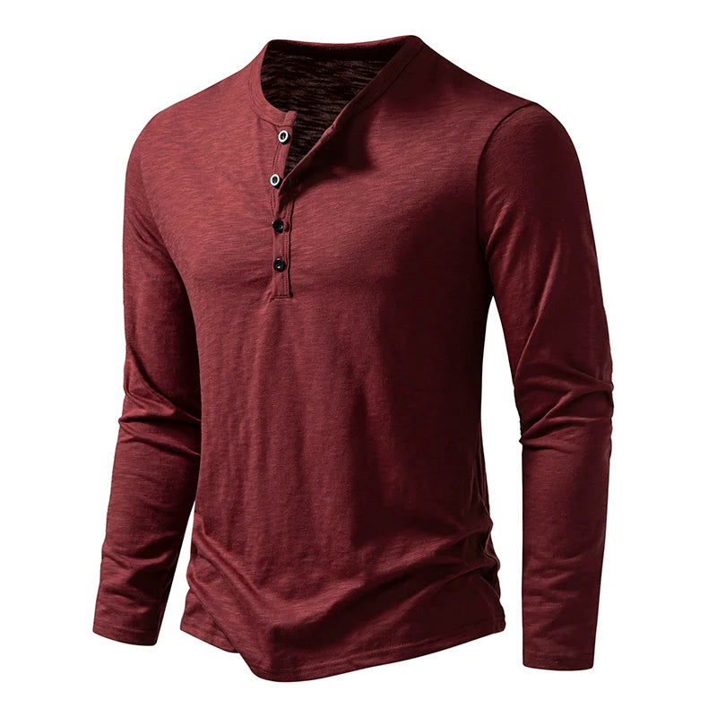 New Men's Cotton Henley T Shirt Long Sleeve T-Shirts Basic Casual Button Collar Breathable Daily Top Tees