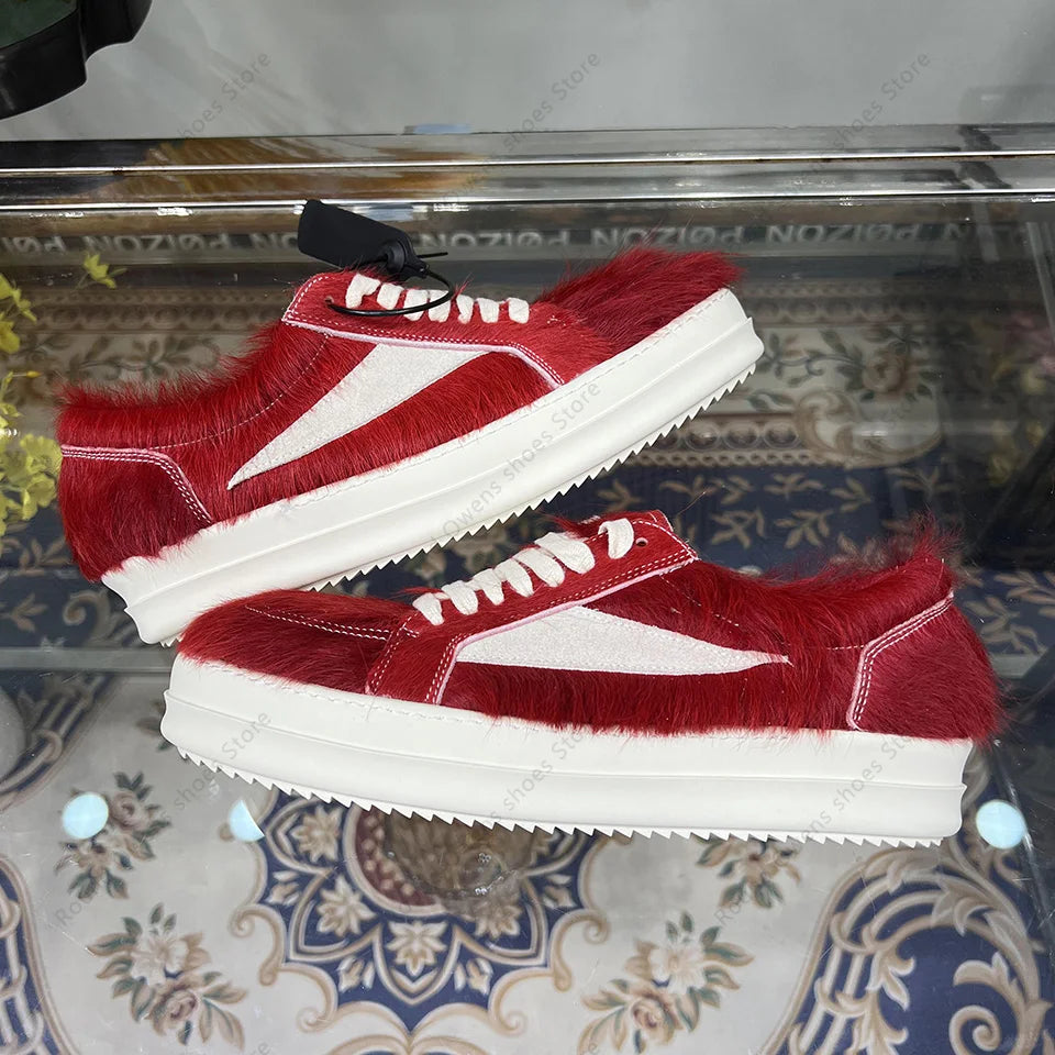 24ss New Horse Hair Low Top Quality Casual Shoes Dark Red Men Genuine Leather Thick Sole Lace Up Luxury Sports Ro Women Sneakers