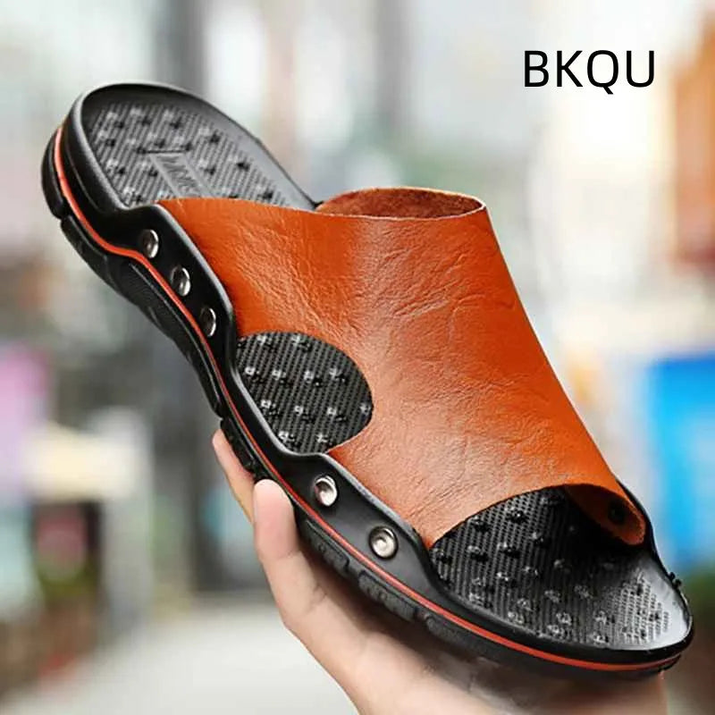 Genuine Leather Slippers for Men Casual Big Size Wear-Resistant Non-slip Fashion Flat Breathable Comfortable Shoes Summer Main