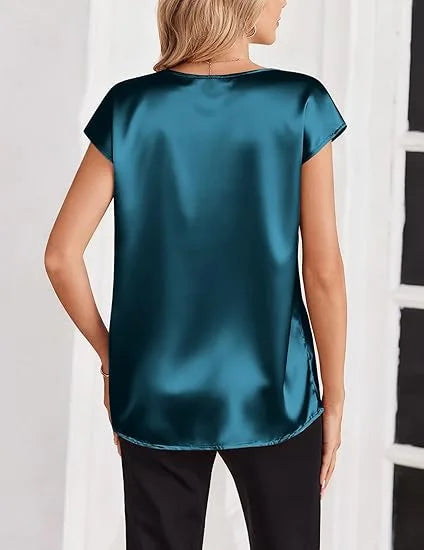 Women's Summer New T-shirt Casual V-Neck Short Sleeve Blouse Business Casual Tops Satins Silk Summer Shirt Work Solid Color Tops