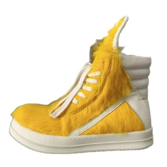 Men's Horsehair Shoes Casual Platform Women High Top Sneakers Leather Luxury Trainers Lace Up Zip Designer Male Boots