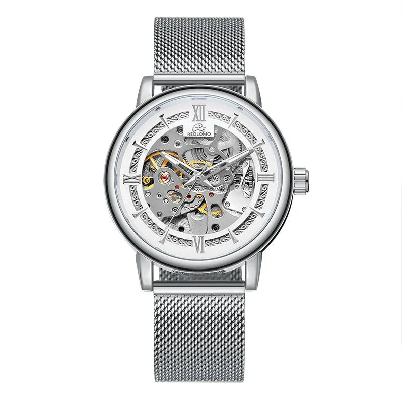 Men's automatic mechanical watch, European and American fashion hollow mechanical watch, woven mesh belt men's watch