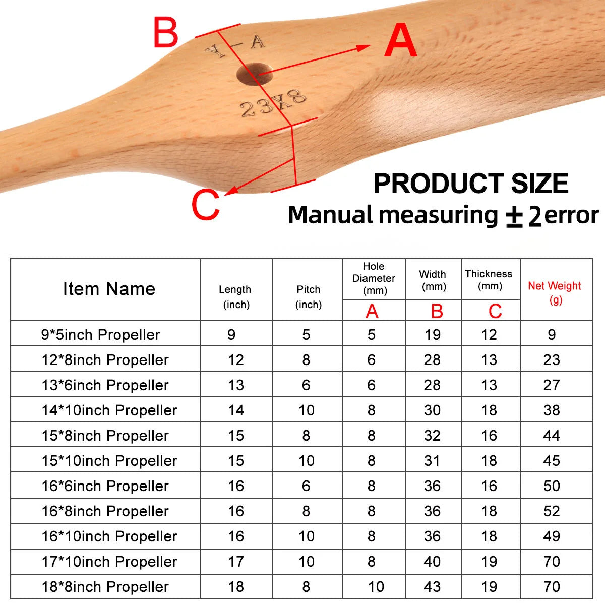 1Pc 13/14/15/16/17/18/19/20/23 inch Strong Wooden Propeller Gasoline Prop For RC Plane