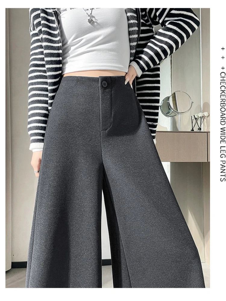 High Quality Woolen Suit Wide-leg Pants Women Fall Winter High-waisted Loose Trouser Female Chic Solid Thick Outwear Bottoms New