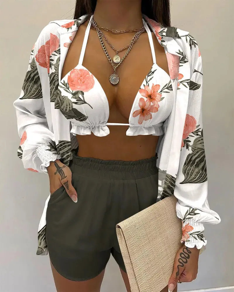 2024 New Bathing Suit Shorts Cover Up Summer Three Pieces Swimwear Sexy Beachwear High Waist Bikini Set Print Women's Swimsuit