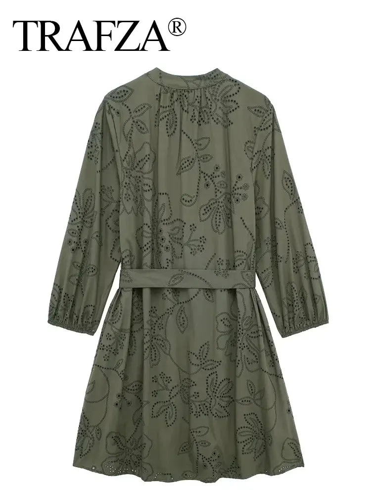 HH Spring Women's Vintage Solid Shirt Dress Puff Sleeve Short Dress V-Neck Female Hollow Embroidery Casual Belt Dresses