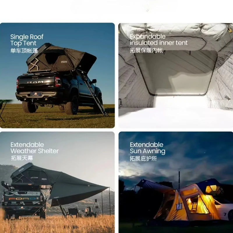 Customized Hard Roof Top Tent 4 Person Hard Shell Side Fold Waterproof Rooftop Camping Tent With 6cm Memory Foam Mattress