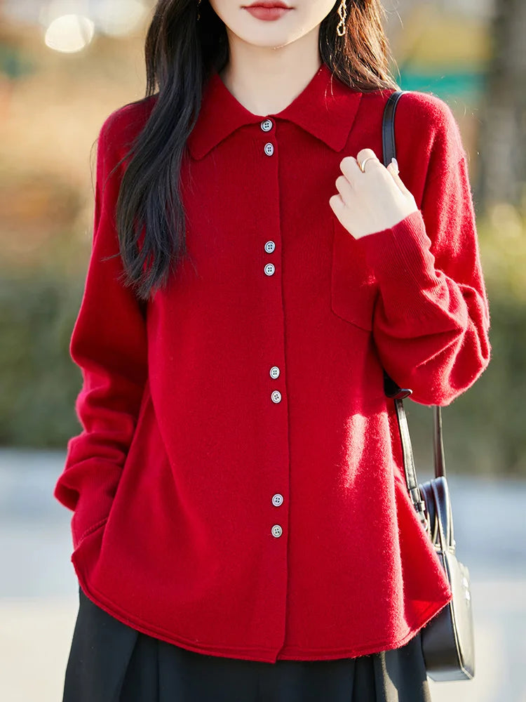 POLO Collar Wool Sweater 100 Pure Wool Spring And Autumn New Knitted Women Loose And Slimming Cardigan ZA682