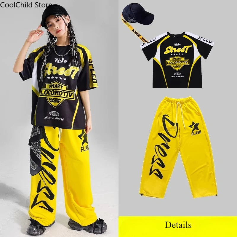 Boys Hip Hop Contrast T-shirt Yellow Vest Sweat Pants Girls Street Dance Jazz Costume Children Clothes Set Kids K-pop Streetwear