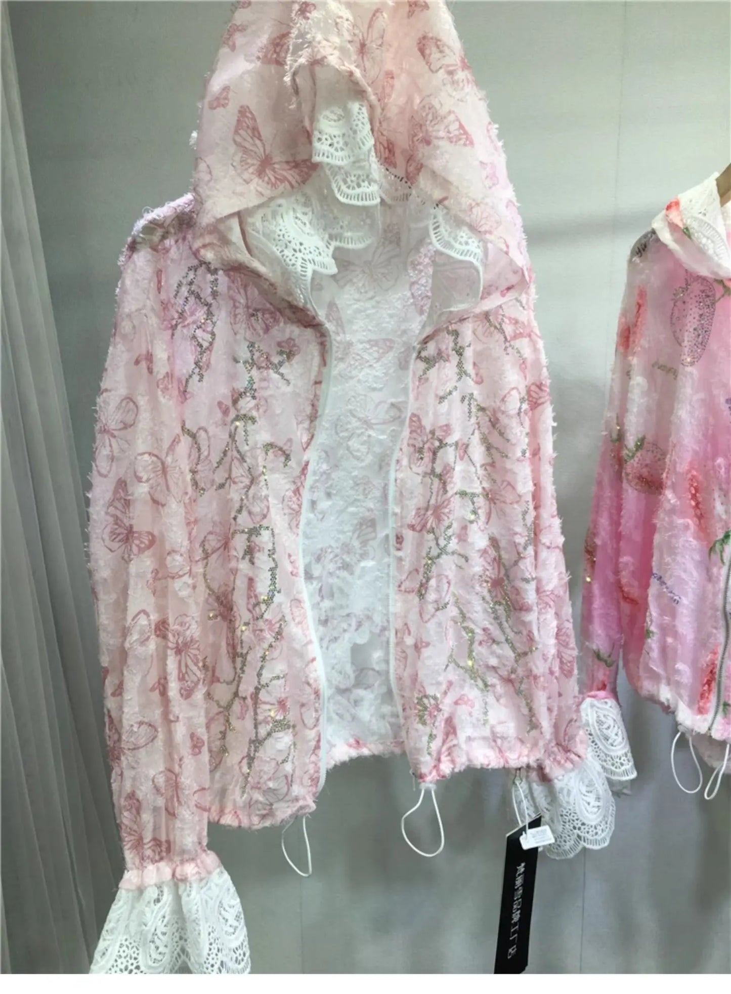 Women Hot Drilling Diamonds Beaded Sunscreen Hoodies Shirts Coat Strawberry Butterfly Lace Spliced Blouses Zipper Cardigan Tops