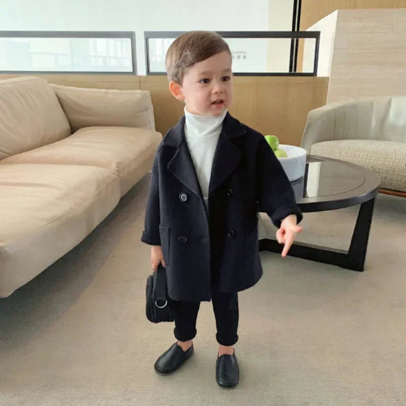 New Winter Grid Jackets Boys Girl Woolen Double-breasted Baby Boy Trench Coat Lapel Autumn Kids Outerwear Coats  Wool Overcoat