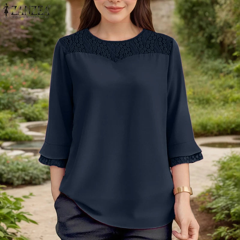 Women Autumn Patchwork Blouse 2025 ZANZEA Elegant Long Sleeve Tops Stylish Work Shirts Female Casual Loose Chemise Mujer Femme