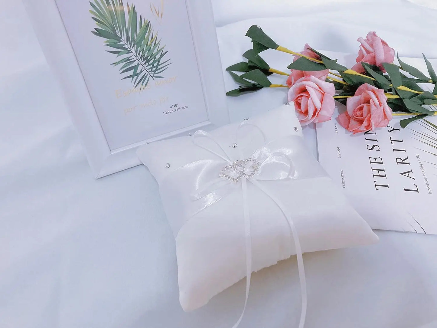 Ring Cushion Wedding Cushion Wedding Ring Cushion with Satin Wedding Decoration with Double Hearts Approx. 10 cm x 10 cm