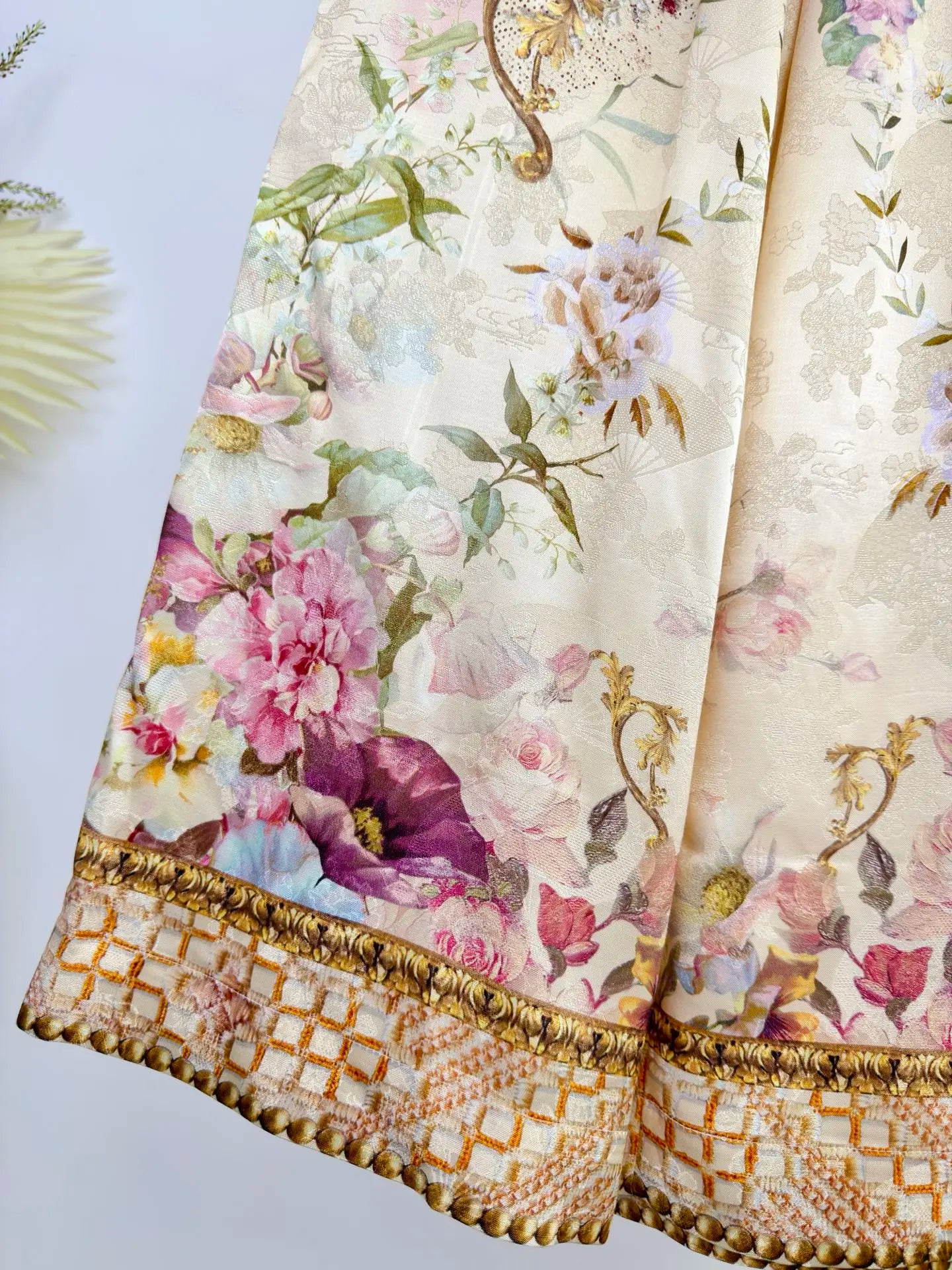 Women Silk Flower Printed Long Dress Heavy Beaded V-Neck Lantern Sleeve Loose Female dress
