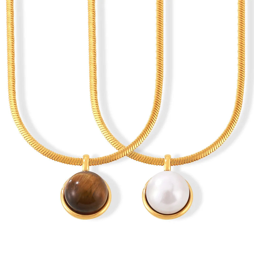 Women's Necklace with Retro Style Pearl Natural Stone Pendant Titanium Steel Lock Chain Fashionable Jewelry Accessories