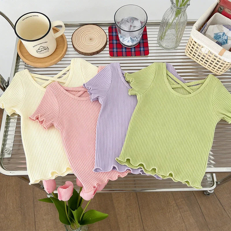 Summer Girls T-Shirt Kids Short Sleeved Thin Soft Tops Simple Solid Color Casual Children Clothing 2-6 Years Sweet Shirtthing