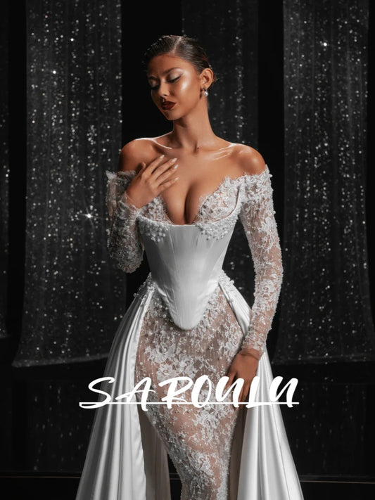 Fashionable 2 in 1 Romantic Wedding Dress Classy Lace Off-the-shoulder Bride Wear Customized Delicate Pearls Corset Bridal Gown