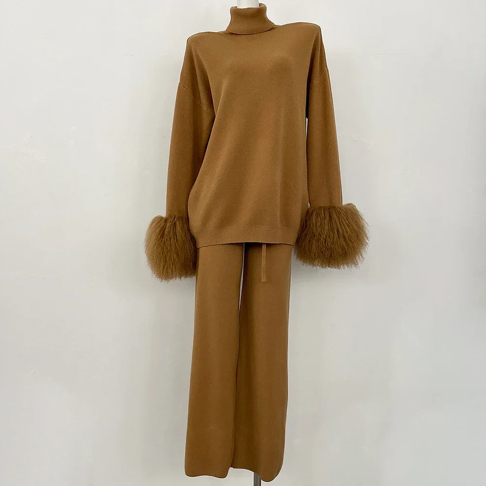 Knitwear Woman Wool & Blend Knitted Pullover and Pants Real Mongolian Sheep Fur Cuffs Sweater Set Real Fur Knitted Suit 2026 New