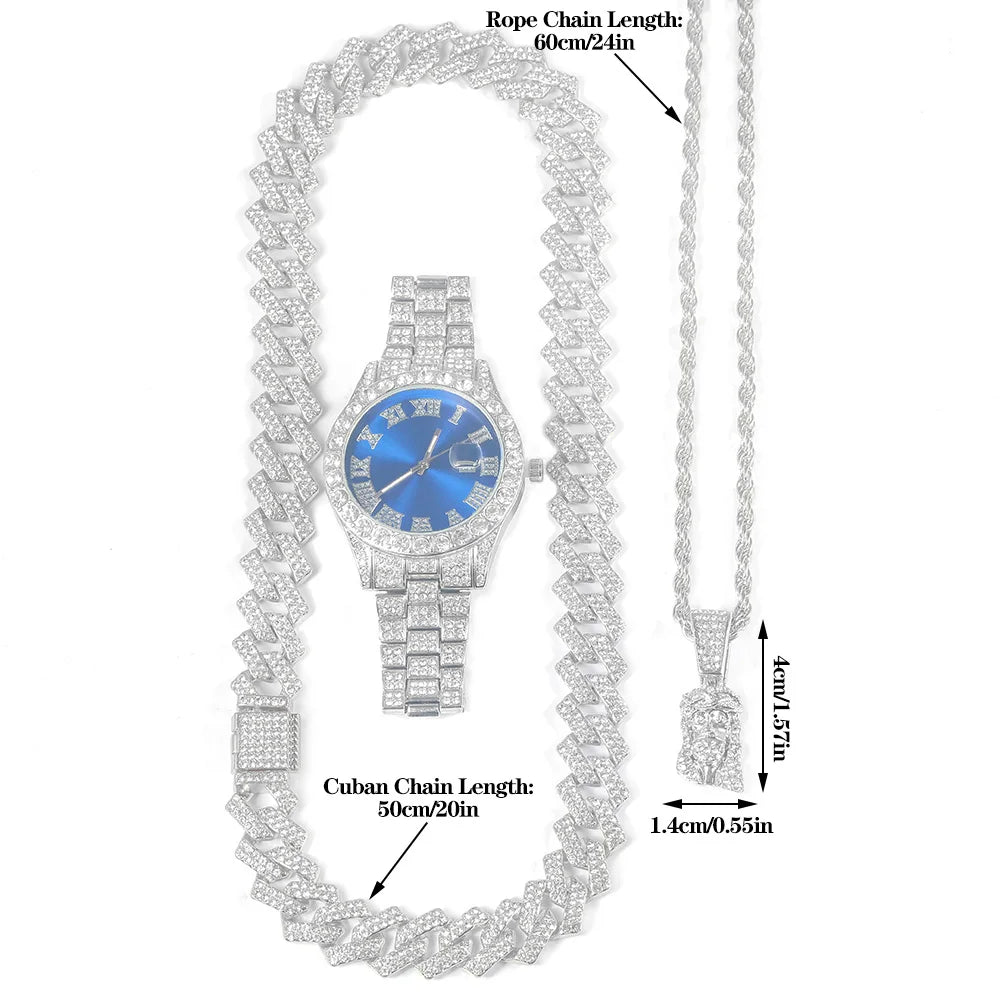 Men's Hip-hop Watch Jewelry Set Iced Out Punk Diamond Watch+Cuban Chain+Jesus Pendant Necklace Stylish Trend Men Women Gift Set