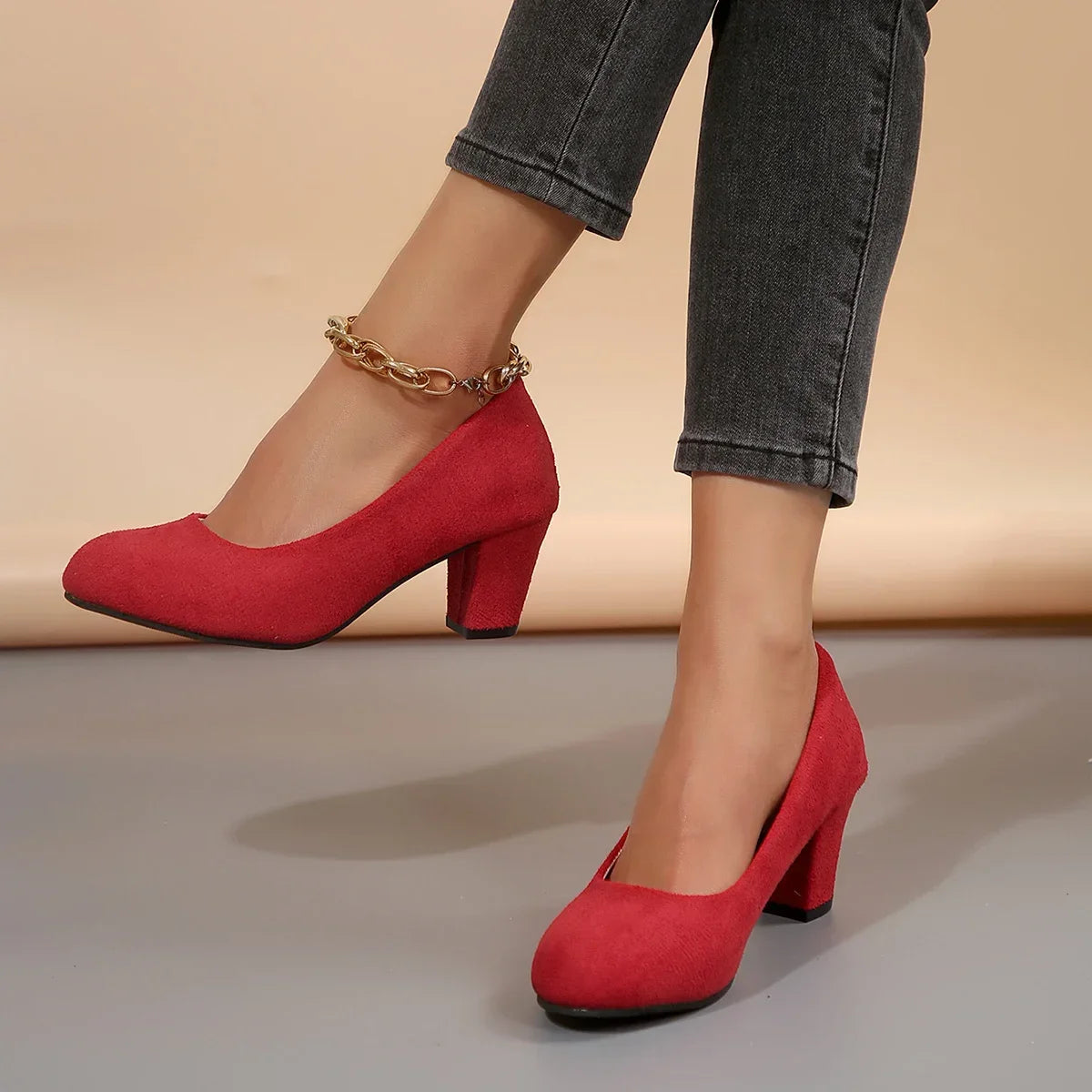Autumn Single Shoes Women's Fashion New Round Toe Shallow Suede Cover Foot Non-slip Wear-resistant High Heels