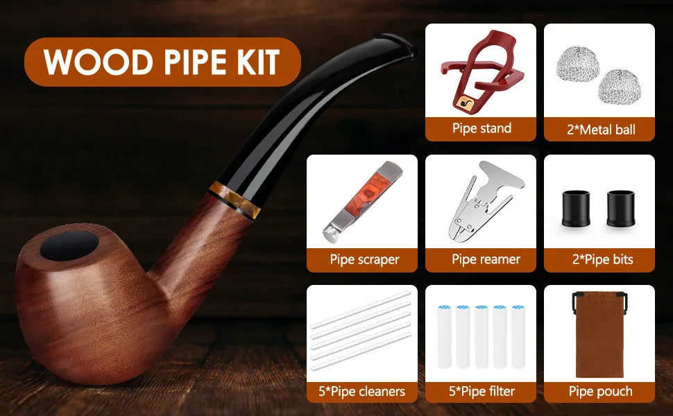 Tobacco Pipe Set Handmade Wood Smoking Pipe with Accessories and Gift Box