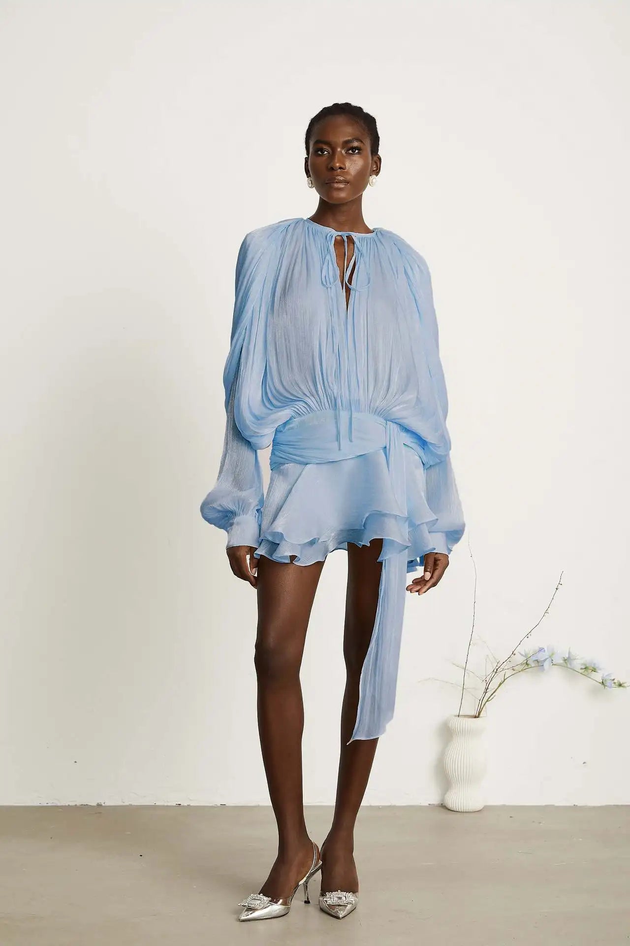 Dresses For Woman French Vestidos Elegant Puff Sleeve Dress Fashionable Loose Lace-up Solid Color Leace-up Simple Style Trendy