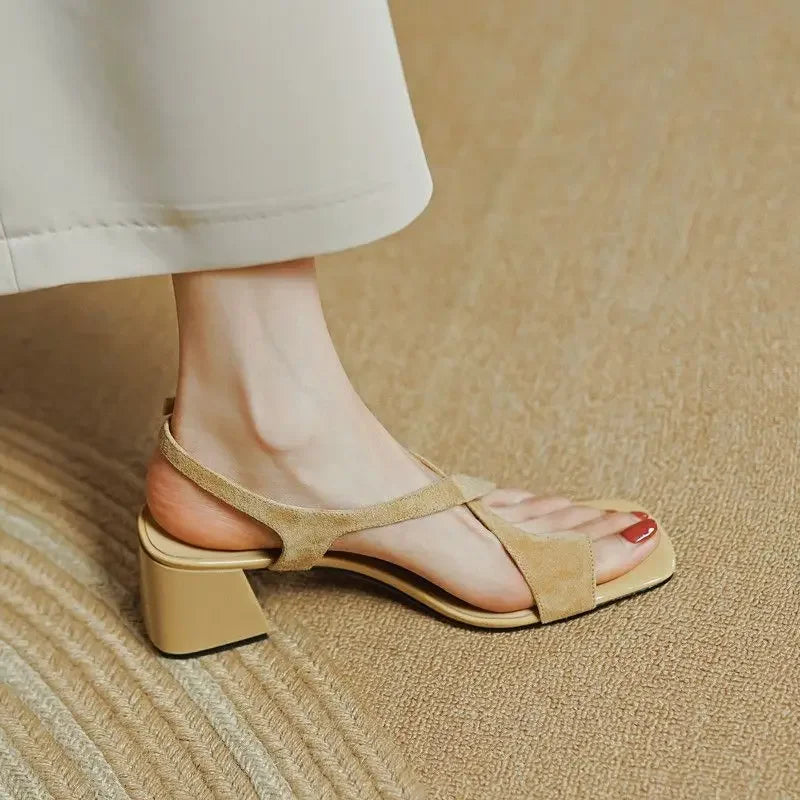 Footwear Square Heels Women's Shoes Beach Sandals for Woman One Word Summer 2023 Blue Medium New Breathable Fashion