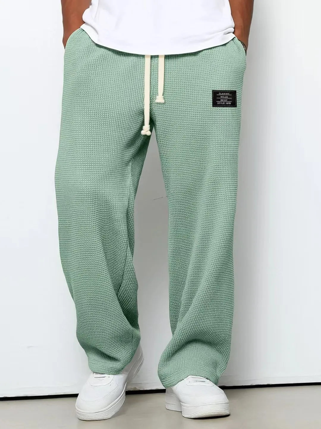 Men's spring-autumn trendy brand loose-fitting stretchy straight-leg sweatpants. Waffle fabric. Micro-bouncy sporty casual pants