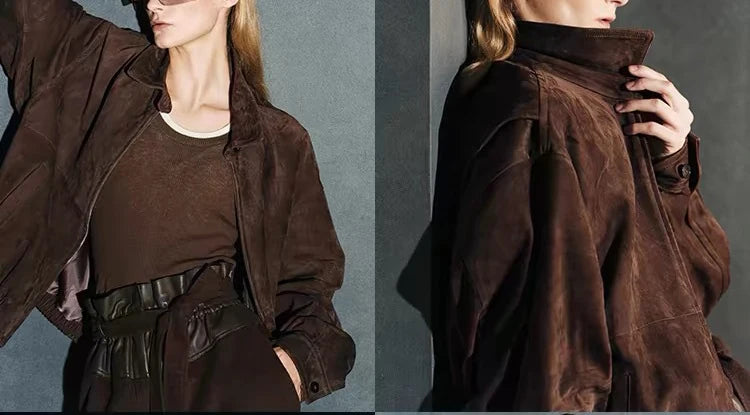 Brown Suede Jacket Spring Women Sheepskin Vintage Old Money Style Wide Shoulder Casual Baseball Leather Coat Giacca Pelle Donna