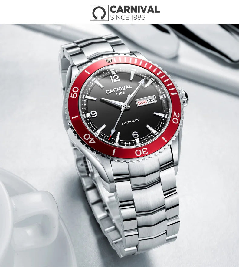 I&W Men Automatic Watch 41mm Mechanical Wristwatch 50M Waterproof Luminous Sapphire Mirror Dual Calendar Week Date