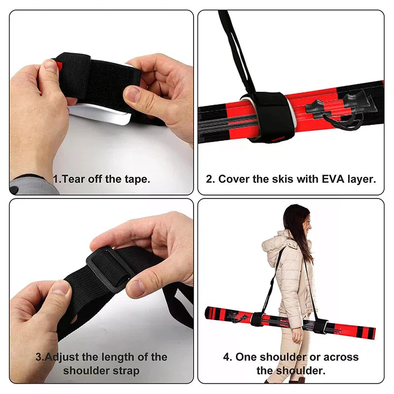Ski Pole Shoulder Carrier with Hand Lash, Adjustable Buck Hook Straps, Durable Nylon Loop, Comfortable Black Ski Handle Strap