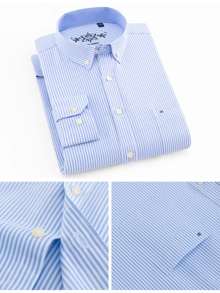 Men's Fashion Long Sleeve Oxford Work Shirt Single Patch Pocket Simple Design Embroidered Regular-fit Casual Button-down Shirts