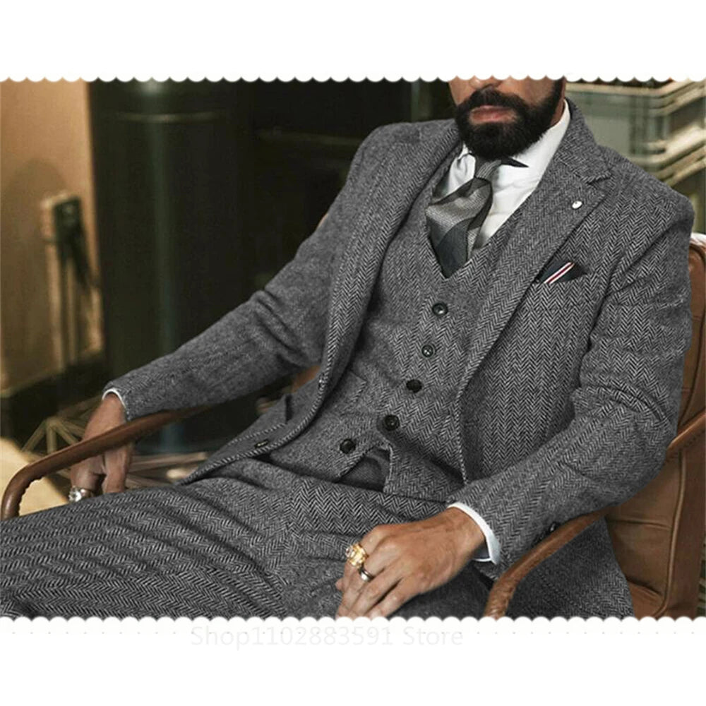 (Jacket +Vest +Pants) Gray Wool Tweed Winter Men Suit's For Wedding Herringbone Male Formal Groom Tuxedo Fashion 3 Piece