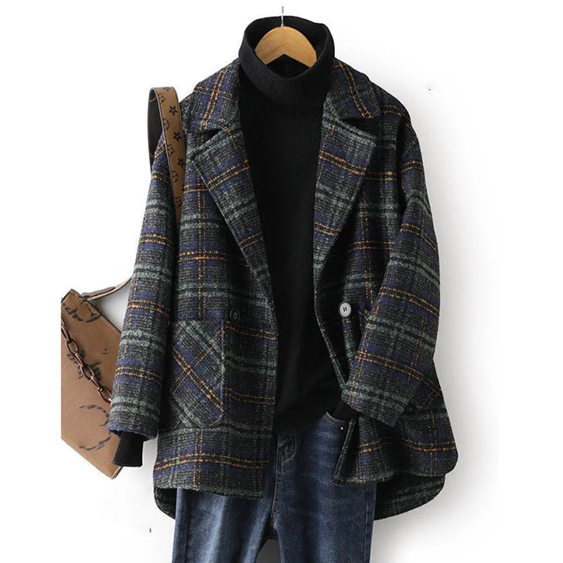 Plaid Suit Woolen Coat Women Autumn Winter New Korean Fashion Loose Woolen Coat Mid-Length Wool Blazer Overcoat Woman Jacket