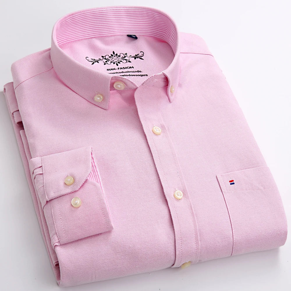 Men's Fashion Long Sleeve Oxford Work Shirt Single Patch Pocket Simple Design Embroidered Regular-fit Casual Button-down Shirts