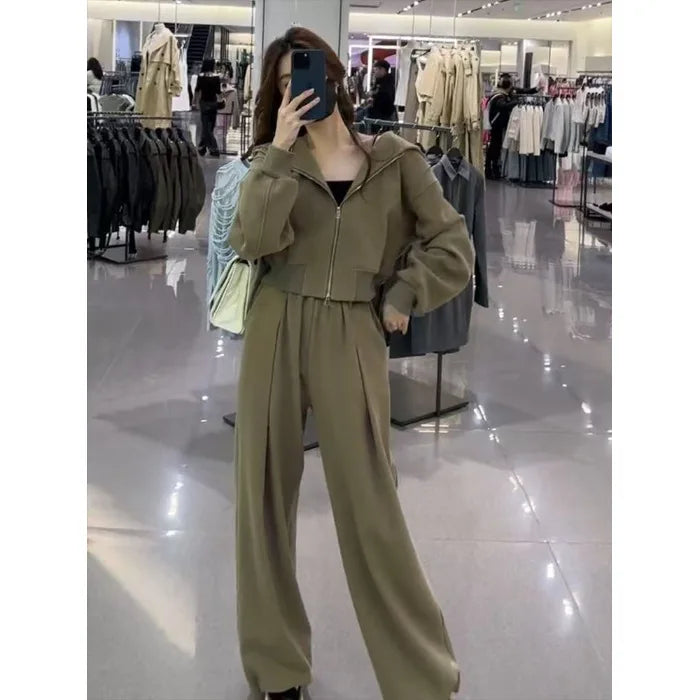 Pant Sets Two Pieces Hooded Hoodies Matching Sets Zipper Sweatshirts Long Sleeve Loose Drawstring Straight Pants Casual