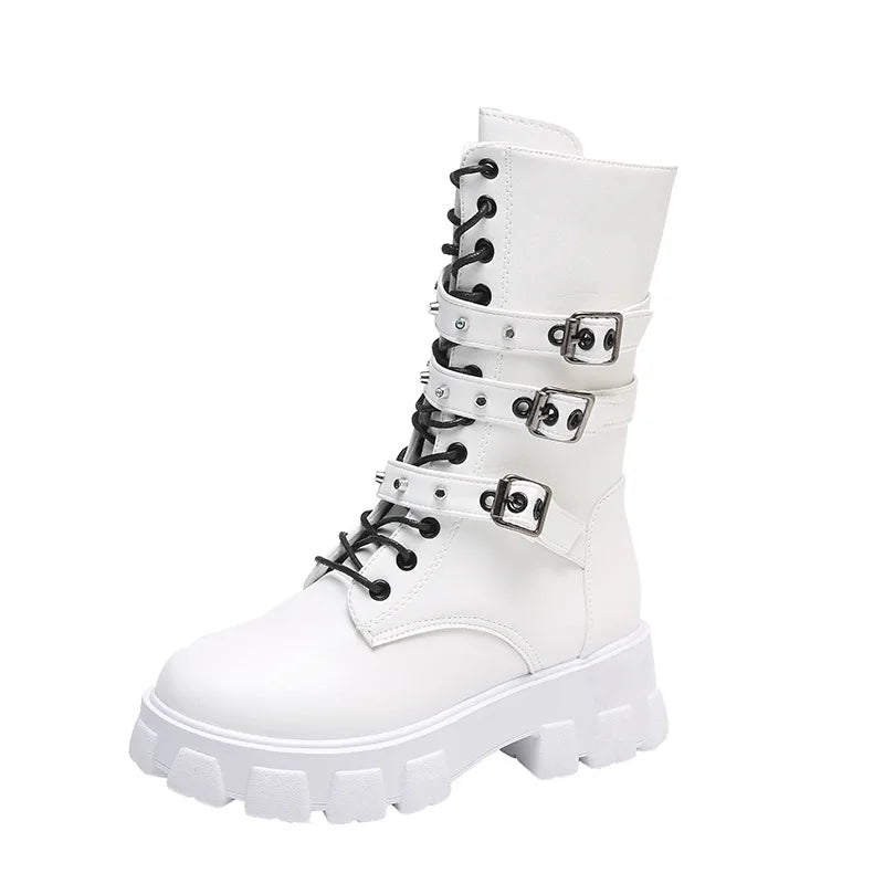 WOMEN ANKLE BOOTS Goth Boots Woman Winter 2024 Platform Shoes Sneakers Studded Belt Buckle Punk  Chunky Heels Mid Calf Boots